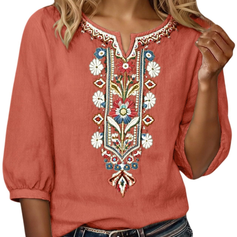 Floral Embroidered V-Neck Blouse with Three-Quarter Sleeves