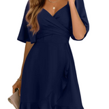 V-Neck Wrap Mini Dress with Flutter Sleeve and Tie Waist