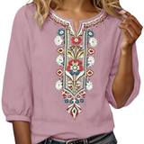 Floral Embroidered V-Neck Blouse with Three-Quarter Sleeves