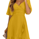 V-Neck Wrap Mini Dress with Flutter Sleeve and Tie Waist