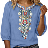 Floral Embroidered V-Neck Blouse with Three-Quarter Sleeves