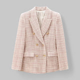 Double-Breasted Tweed Blazer with Notched Lapel and Flap Pockets