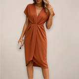 Pleated V-Neck Midi Dress with Wrap Front