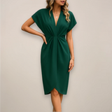 Pleated V-Neck Midi Dress with Wrap Front