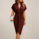 Pleated V-Neck Midi Dress with Wrap Front