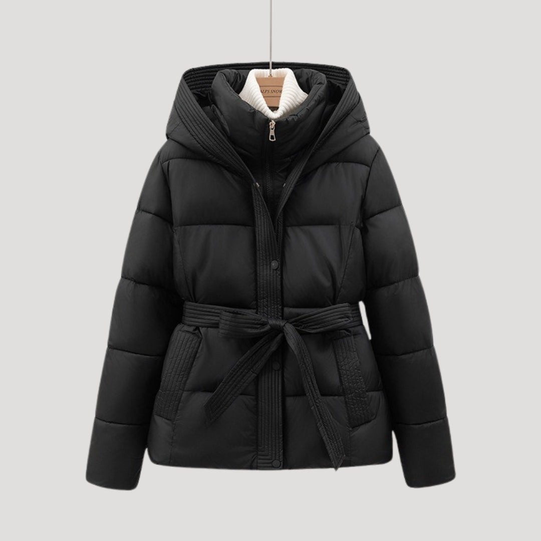 Full-Zip Belted Puffer Jacket with Hood