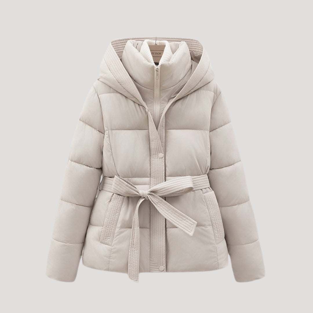 Full-Zip Belted Puffer Jacket with Hood