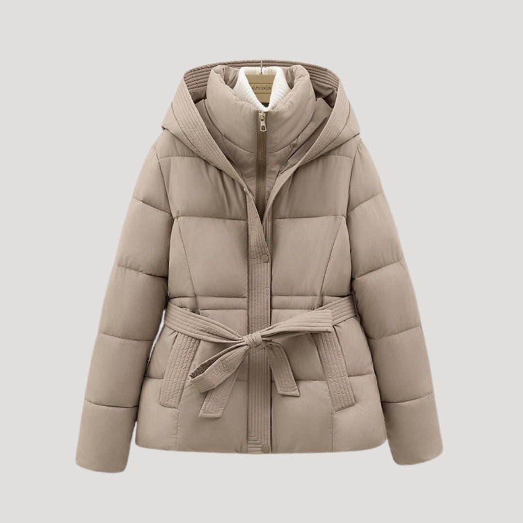 Full-Zip Belted Puffer Jacket with Hood