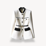 Belted Tailored Blazer with Stand Collar and Flap Pockets