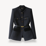 Belted Tailored Blazer with Stand Collar and Flap Pockets