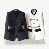 Belted Tailored Blazer with Stand Collar and Flap Pockets