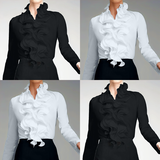Women's Blouse with Ruffle Front High Neckline and Long Sleeves