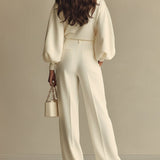 Pleated Wide-Leg Pants Set with Balloon Sleeve Top