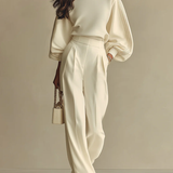 Pleated Wide-Leg Pants Set with Balloon Sleeve Top