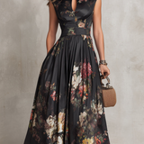 Floral Midi Dress with Cut-Out Neckline and Pleated Skirt