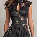 Floral Midi Dress with Cut-Out Neckline and Pleated Skirt