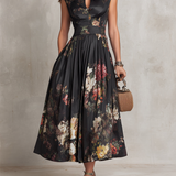 Floral Midi Dress with Cut-Out Neckline and Pleated Skirt