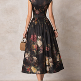 Floral Midi Dress with Cut-Out Neckline and Pleated Skirt