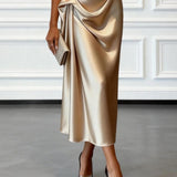 One-Shoulder Draped Satin Midi Dress with Ruched Waist