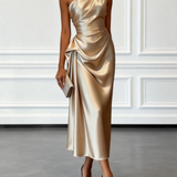 One-Shoulder Draped Satin Midi Dress with Ruched Waist