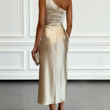 One-Shoulder Draped Satin Midi Dress with Ruched Waist