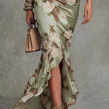 Ruched Satin Maxi Dress with V-Neck and Ruffle Hem