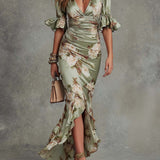 Ruched Satin Maxi Dress with V-Neck and Ruffle Hem