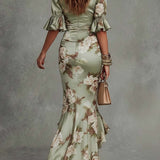 Ruched Satin Maxi Dress with V-Neck and Ruffle Hem