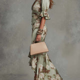 Ruched Satin Maxi Dress with V-Neck and Ruffle Hem