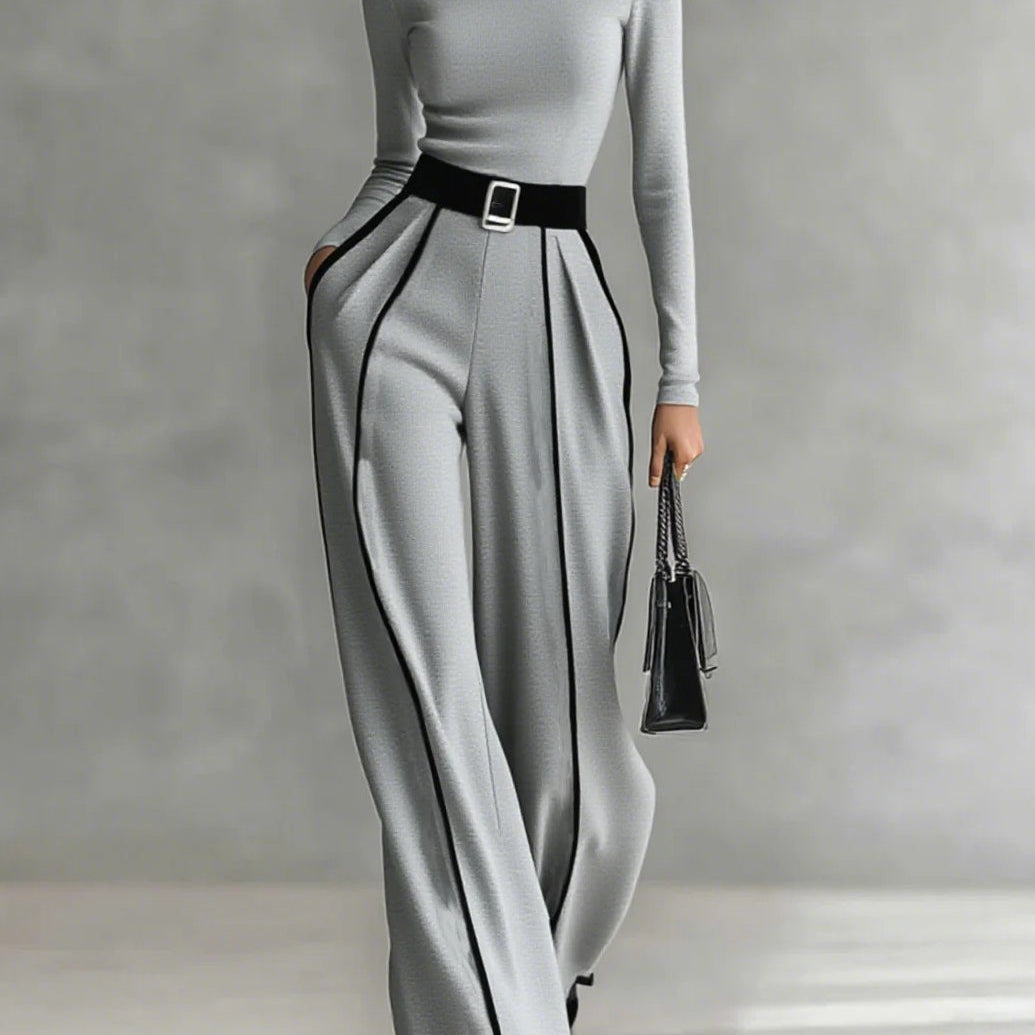 Wide-Leg Jumpsuit with Turtleneck and Belted Waist