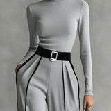 Wide-Leg Jumpsuit with Turtleneck and Belted Waist