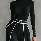 Wide-Leg Jumpsuit with Turtleneck and Belted Waist