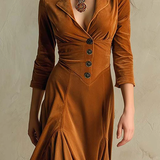 Velvet Maxi Dress with Collared V-Neck and Flared Skirt