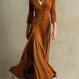 Velvet Maxi Dress with Collared V-Neck and Flared Skirt
