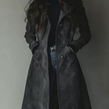 Button-Front Suede Coat with Lapel Collar and Side Pockets