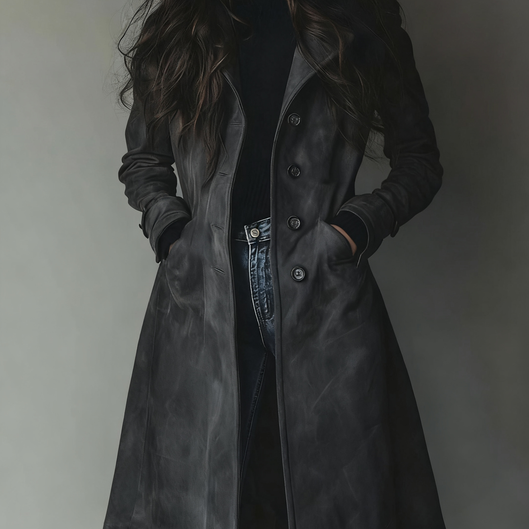 Button-Front Suede Coat with Lapel Collar and Side Pockets