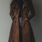 Button-Front Suede Coat with Lapel Collar and Side Pockets