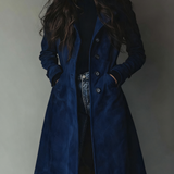 Button-Front Suede Coat with Lapel Collar and Side Pockets