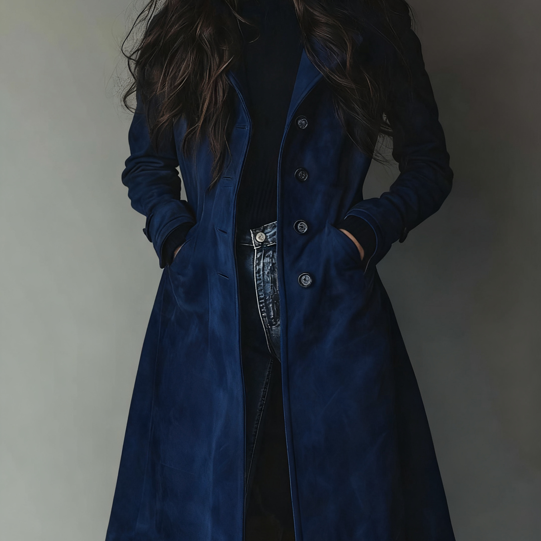 Button-Front Suede Coat with Lapel Collar and Side Pockets