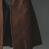 Button-Front Suede Coat with Lapel Collar and Side Pockets