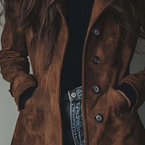 Button-Front Suede Coat with Lapel Collar and Side Pockets