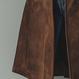 Button-Front Suede Coat with Lapel Collar and Side Pockets