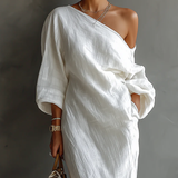 One-Shoulder Maxi Dress with Draped Front and Three-Quarter Sleeves