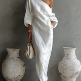 One-Shoulder Maxi Dress with Draped Front and Three-Quarter Sleeves