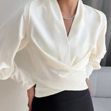 Women's Blouse with V Neck Wrap Front Long Sleeves and Gathered Waist for Office Wear