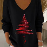 Christmas Sweater for Women V Neck Knit Pullover with Christmas Tree Print and Long Sleeves for Holiday Season