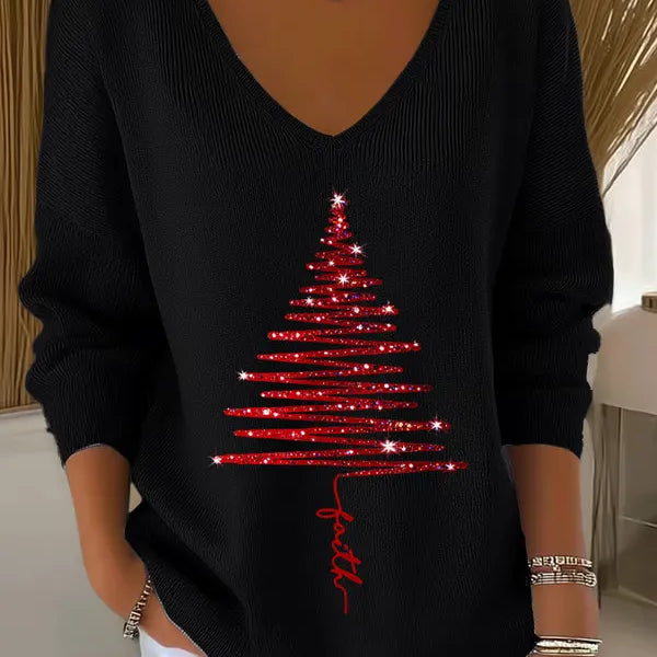 Christmas Sweater for Women V Neck Knit Pullover with Christmas Tree Print and Long Sleeves for Holiday Season