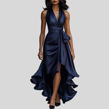 Satin Halter Maxi Dress with Tie Waist