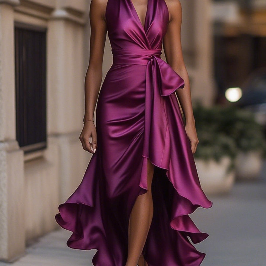 Satin Halter Maxi Dress with Tie Waist