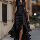 Satin Halter Maxi Dress with Tie Waist